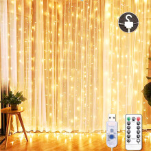 (Warm White, 3M*2M) Usb Curtain String Lights 8 Lighting Modes, With Hooks ,Remote Control Waterproof For Window, Christmas, Wedding, Birthday,