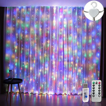 (Colorful Light, 3M*3M) Usb Curtain String Lights 8 Lighting Modes, With Hooks ,Remote Control Waterproof For Window, Christmas, Wedding, Birthday,
