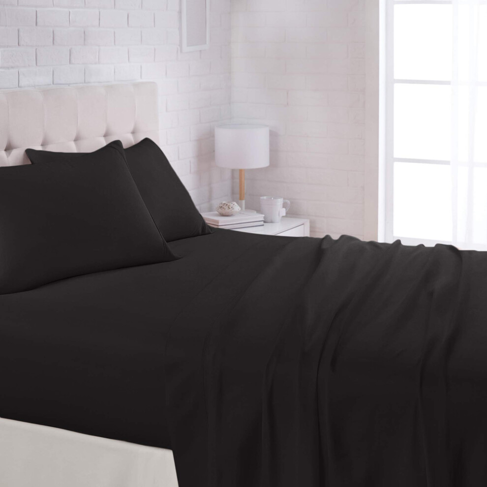 Amazon Basics Lightweight Super Soft Easy Care Microfiber 4-Piece Bed Sheet Set with 14-Inch Deep Pockets  Queen  Black  Solid