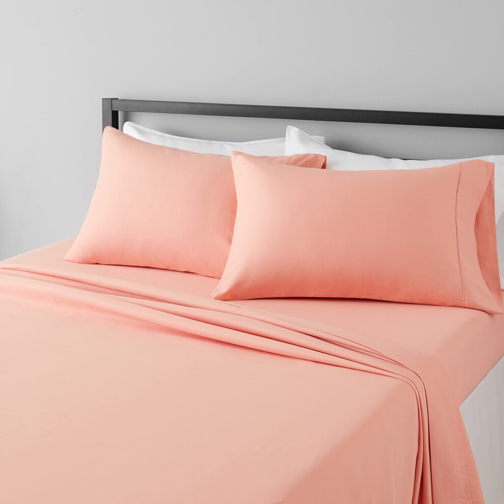 Amazon Basics Lightweight Super Soft Easy Care Microfiber 4-Piece Bed Sheet Set with 14-Inch Deep Pockets  Queen  Peachy Coral  Solid