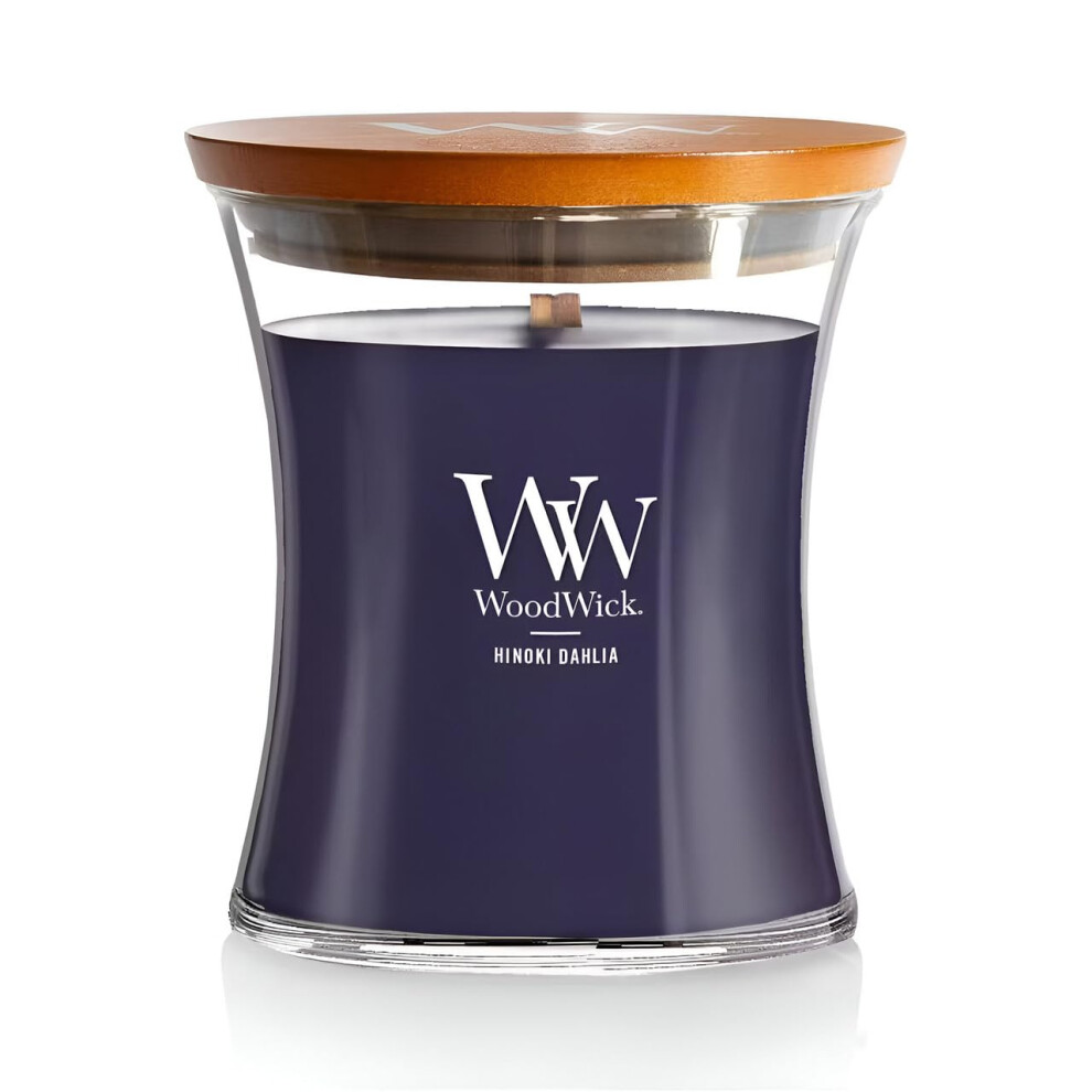 WoodWick Medium Hourglass Candle  Hinoki Dahlia - Premium Soy Blend Wax  Pluswick Innovation Wood Wick  Made in USA