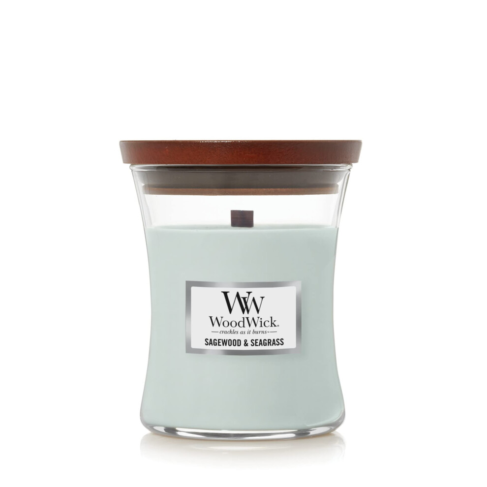 WoodWick Medium Hourglass Candle  Sagewood/Seagrass - Premium Soy Blend Wax  Pluswick Innovation Wood Wick  Made in USA