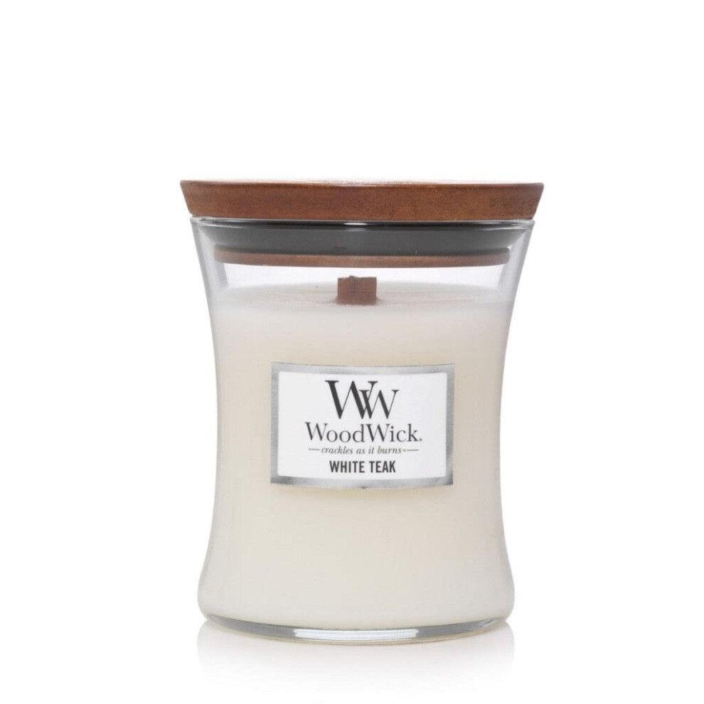 WoodWick Medium Hourglass Candle  White Teak - Premium Soy Blend Wax  Pluswick Innovation Wood Wick  Made in USA