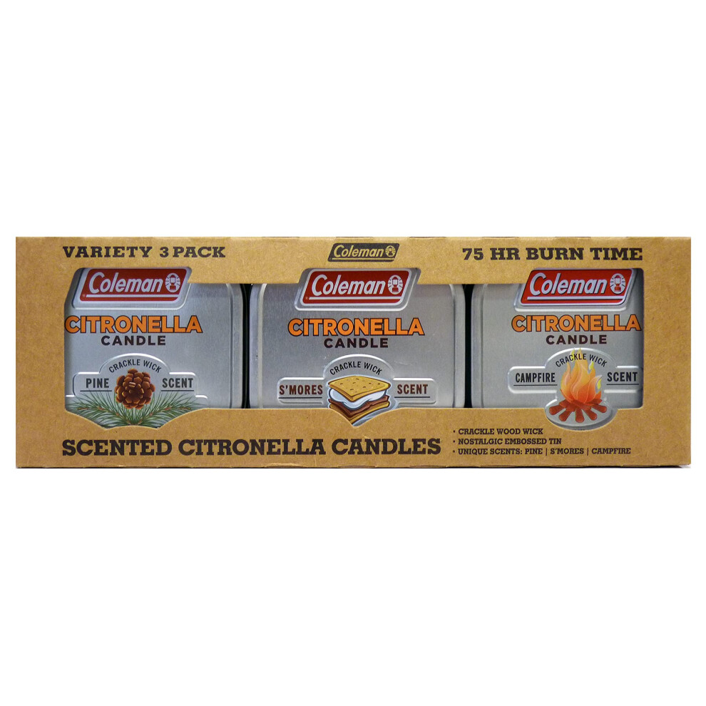 Coleman Scented Tin Citronella Candle - 3 Pack  S'Mores  Pine and Campfire