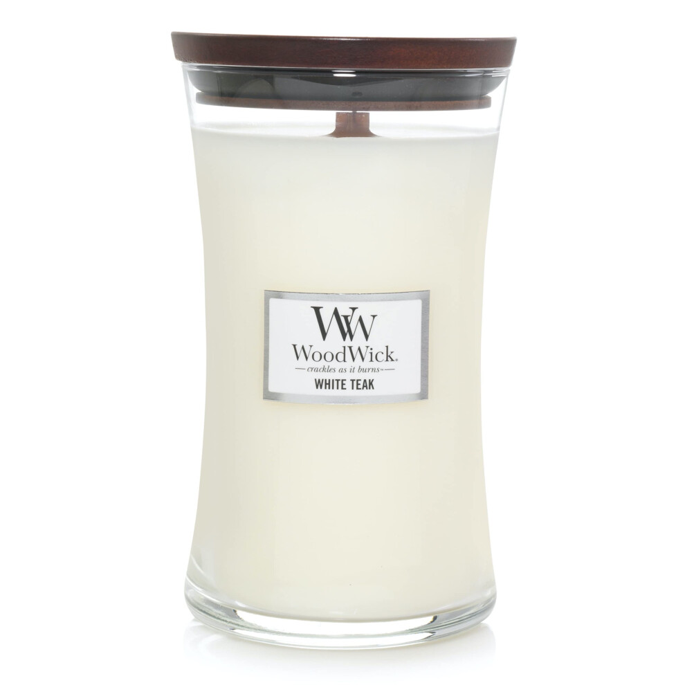 WoodWick Large Hourglass Candle in White Teak  Premium Soy Blend Wax with Crackling Pluswick Innovation Wood Wick