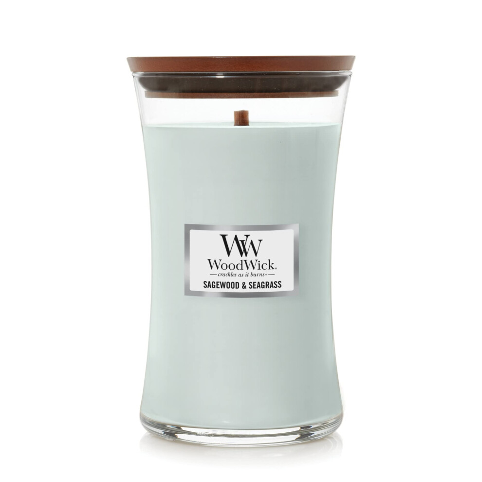 WoodWick Large Hourglass Candle  Sagewood/Seagrass - Premium Soy Blend Wax  Pluswick Innovation Wood Wick  Made in USA