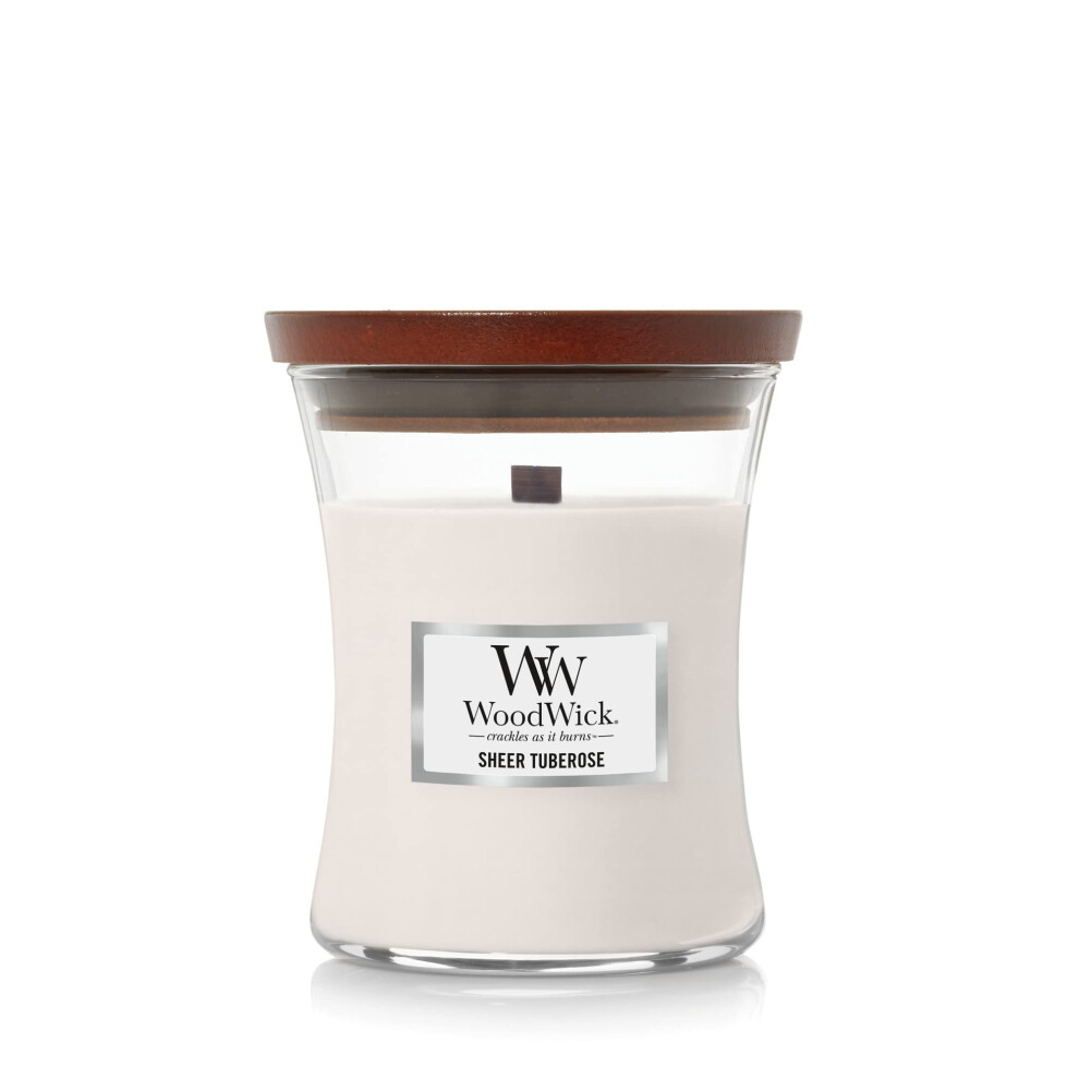 WoodWick Medium Hourglass Candle  Sheer Tuberose - Premium Soy Blend Wax  Pluswick Innovation Wood Wick  Made in USA