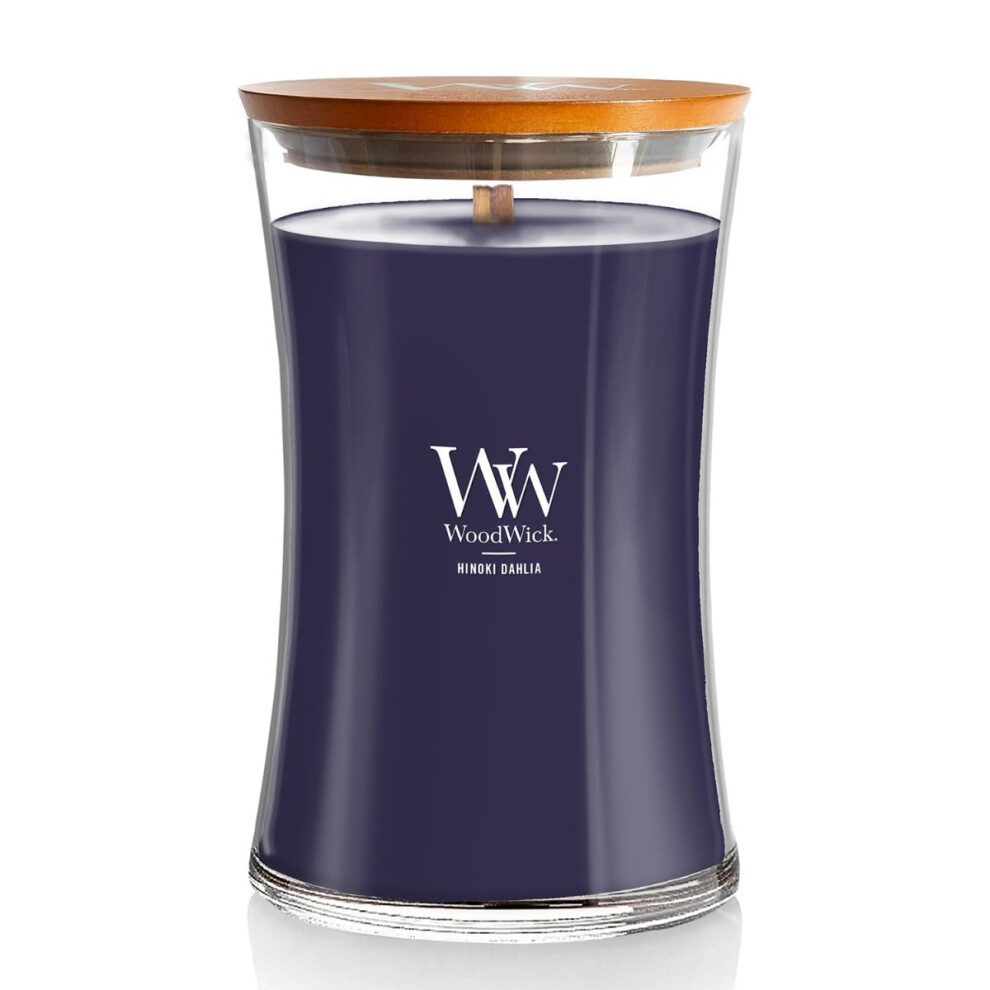 WoodWick Large Hourglass Candle  Hinoki Dahlia - Premium Soy Blend Wax  Pluswick Innovation Wood Wick  Made in USA