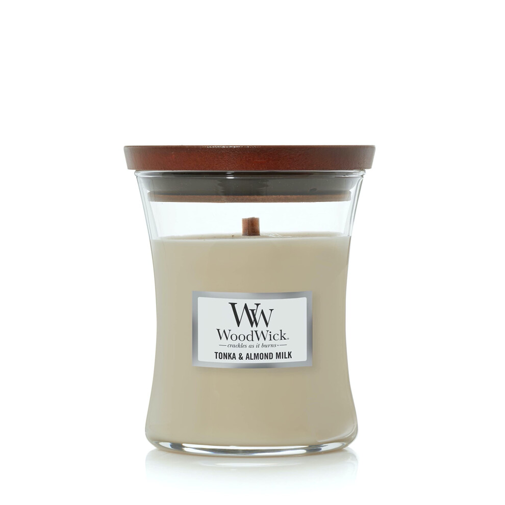 WoodWick Medium Hourglass Candle  Tonka/Almond Milk - Premium Soy Blend Wax  Pluswick Innovation Wood Wick  Made in USA