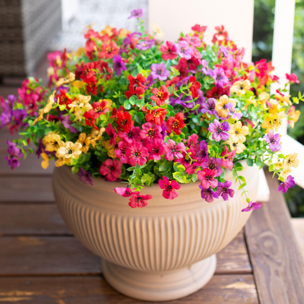HyeFlora Artificial Faux Plants Flowers Outdoor Spring Summer Decoration 12 Bundles Fake Silk Colorful Daisy Eucalyptus Realistic UV Resistant for Ou