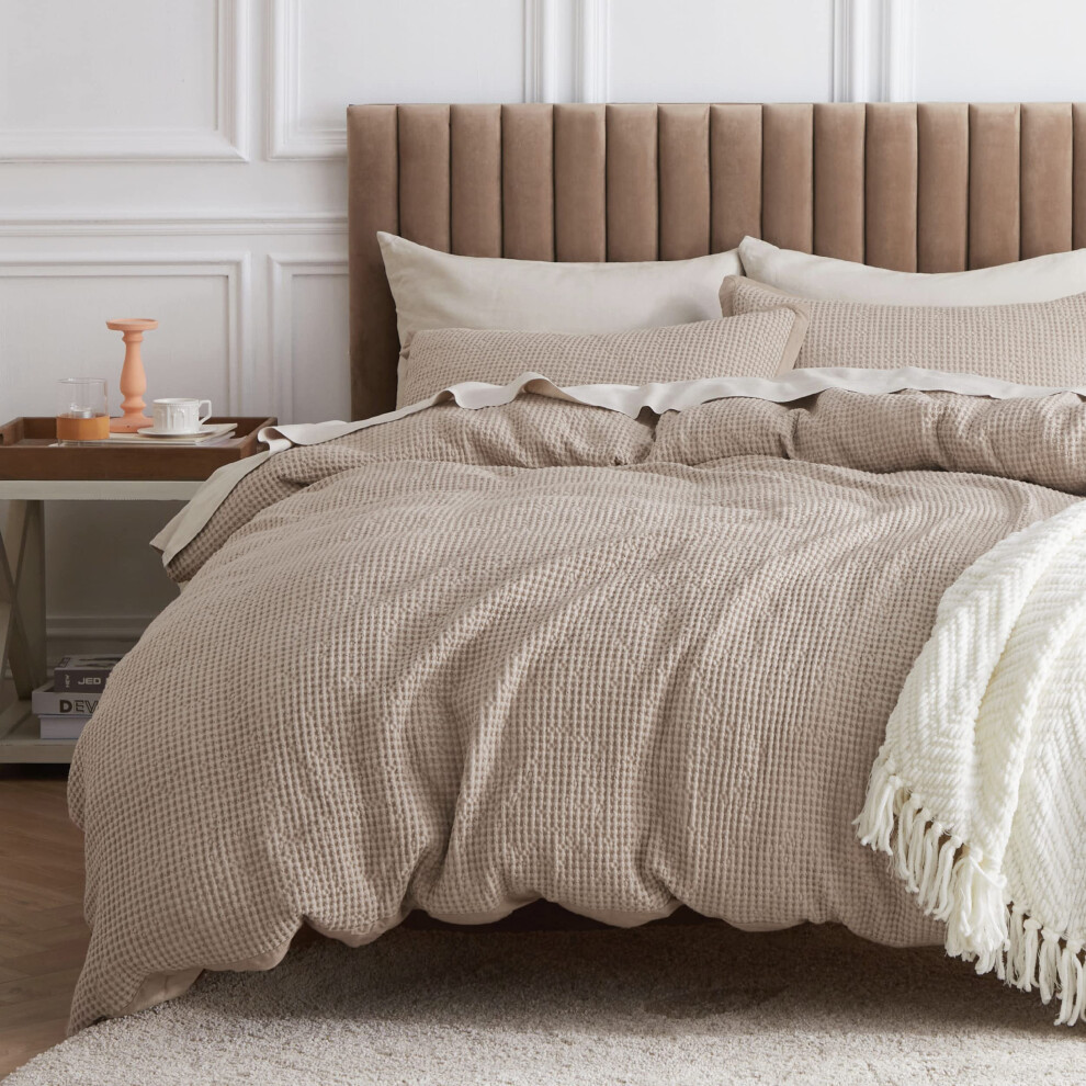Housse de couette en coton Bedsure Queen - 100 % coton gaufr    kaki, housse de couette Queen Size douce et respirante, parure de lit Queen Tan pou