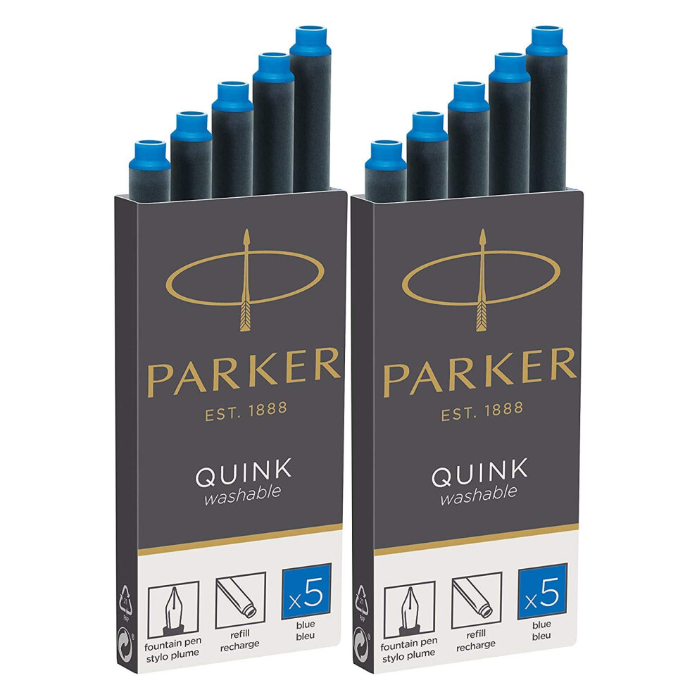 Parker Quink Washable Ink Fountain Pen Refill Cartridges  10 Blue Ink Refills (3016031PP) (10 Cartridges  Blue)