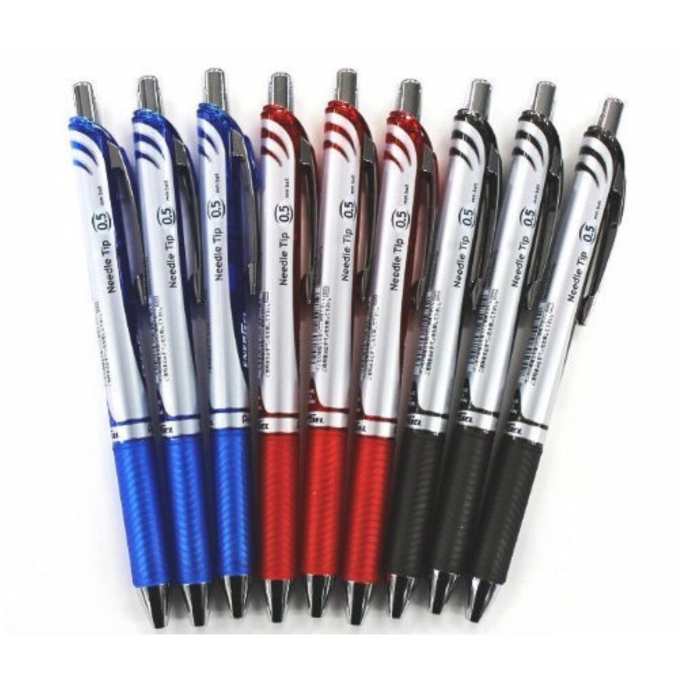 Pentel Energel Deluxe RTX Retractable Liquid Gel Pen 0.5mm  Fine Line  Needle Tip  Black.blue.red Ink-each 3 Pens/total 9 Pens Special Value Set