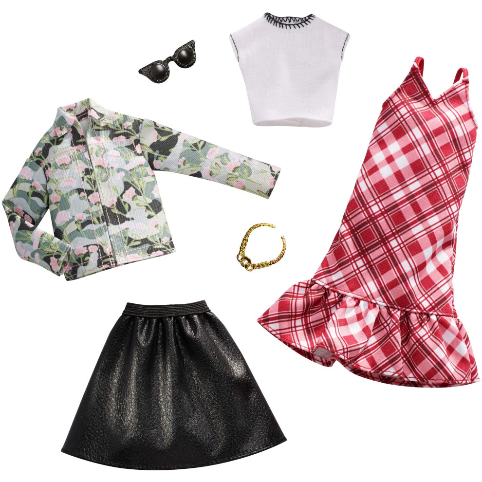 V   tements Barbie - 2 tenues pour poup   e comprenant une veste en jean fleurie et une jupe noire en cuir, cadeau pour les enfants de 3     8 ans