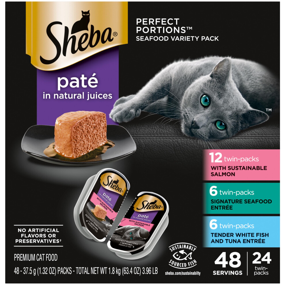 SHEBA Perfect Portions Pat? Wet Cat Food Trays (24 Count  48 Servings)  Signature Seafood Entr?e  Easy Peel Twin-Pack Trays