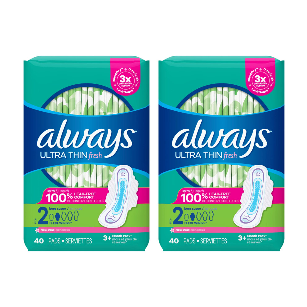 Always Ultra Thin Pads Size 2 Super Long Absorbency Scented with Wings  40 Count  Packaging may vary