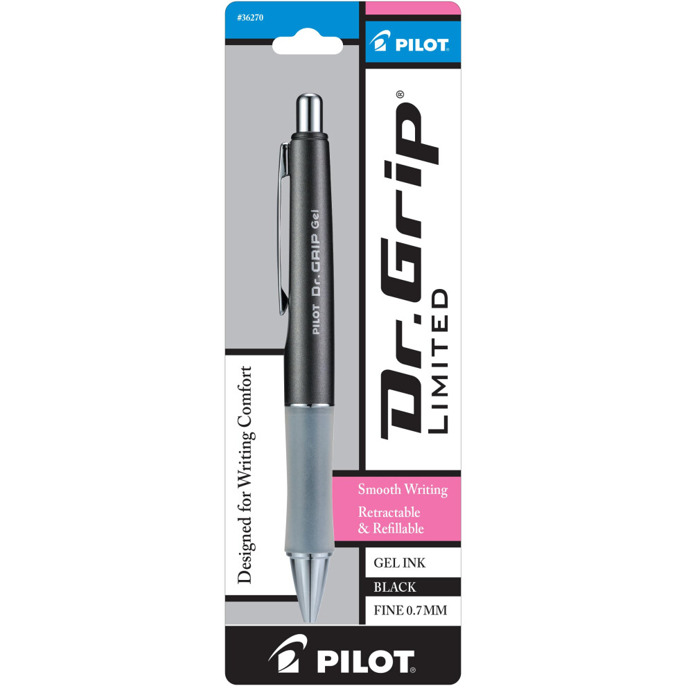 PILOT Dr. Grip Limited Refillable & Retractable Gel Ink Rolling Ball Pen  Fine Point  Metallic Charcoal Gray Barrel  Black Ink  Single Pen (36270)