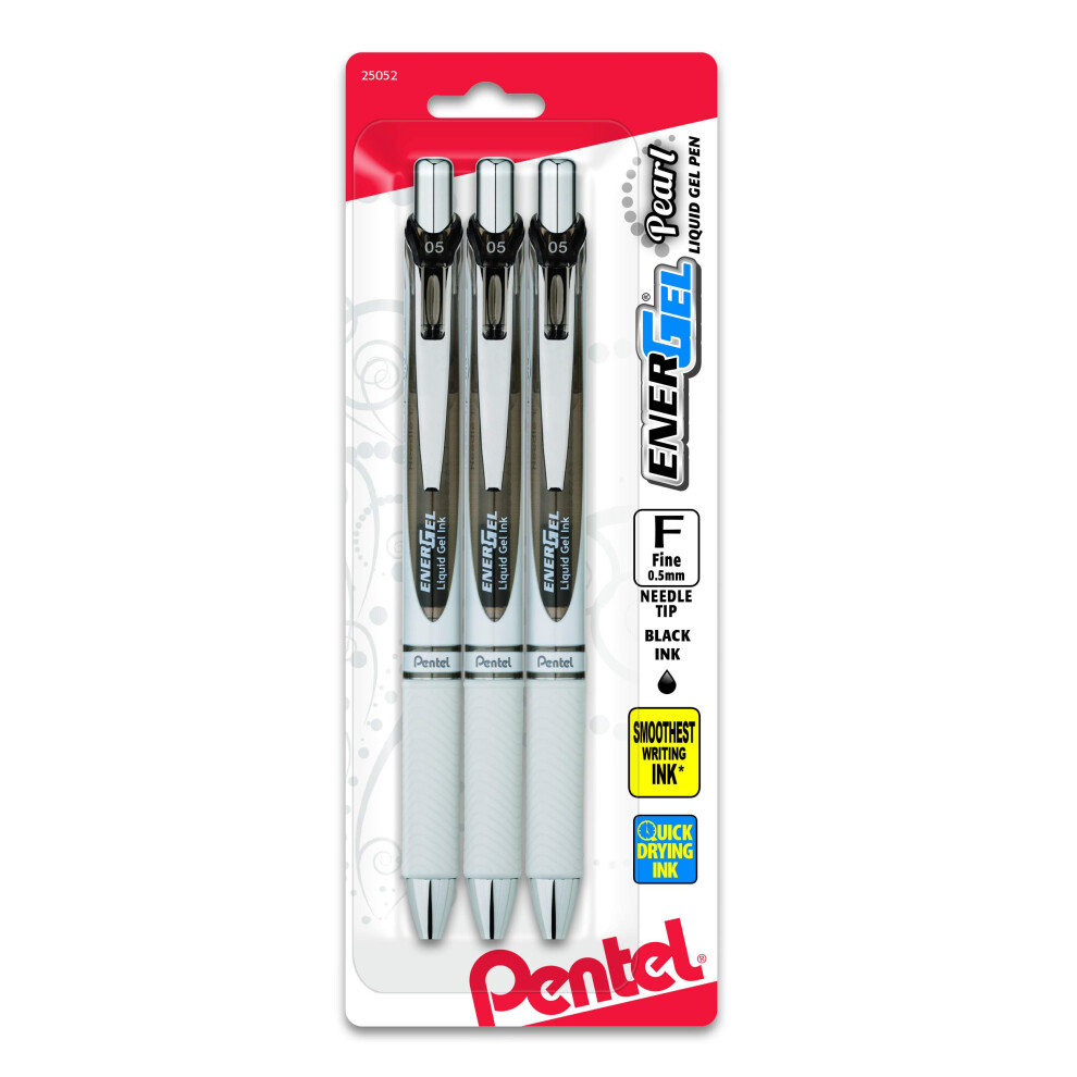 Pentel Gel Ink Pen  EnerGel Pearl RTX0.5mm  Fine Point  Needle Tip (BLN75WBP3A) Black