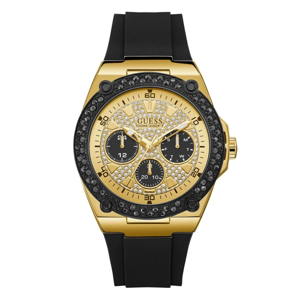 GUESS Black Gold-Tone Glitz Stain Resistant Silicone Watch with Day  Date + 24 Hour Military/Int'l Time. Color: Black (Model: U1257G1)