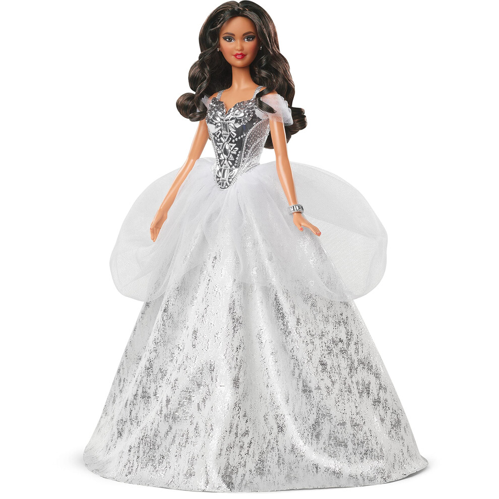 Barbie Signature 2021 Holiday Doll (12-inch  Brunette Hair) in Silver Gown  with Doll Stand and Certificate of Authenticity  Gift for 6 Year Olds and