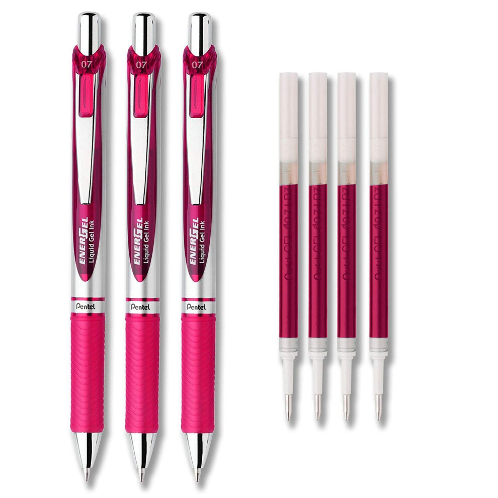 Pentel EnerGel Deluxe RTX Liquid Gel Ink Pen Set Kit  Pack of 3 with 4 Refills (0.7mm) (Pink)