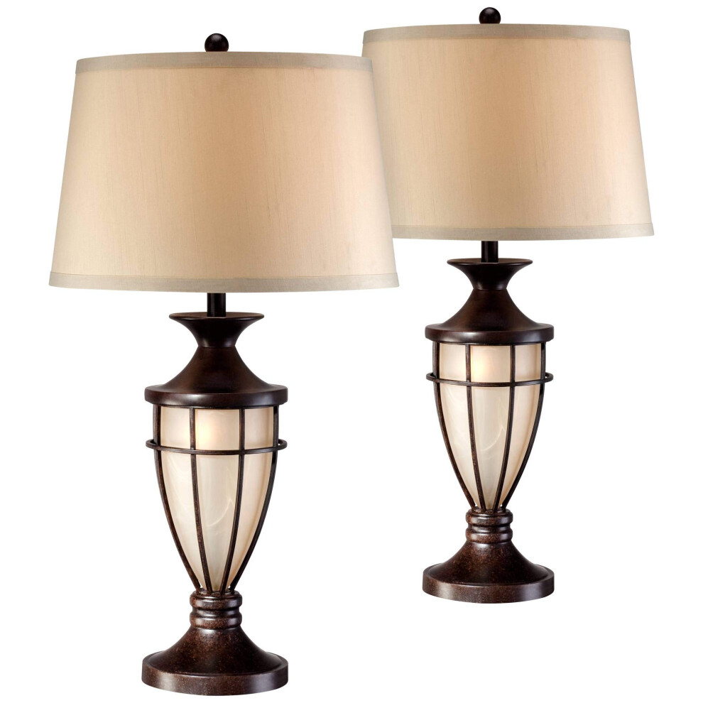 John Timberland Mission Cage Table Lamps 33"" Tall Set of 2 with Nightlight Lantern Brushed Iron Brown Beige Fabric Shade for Living Room Bedroom Hous