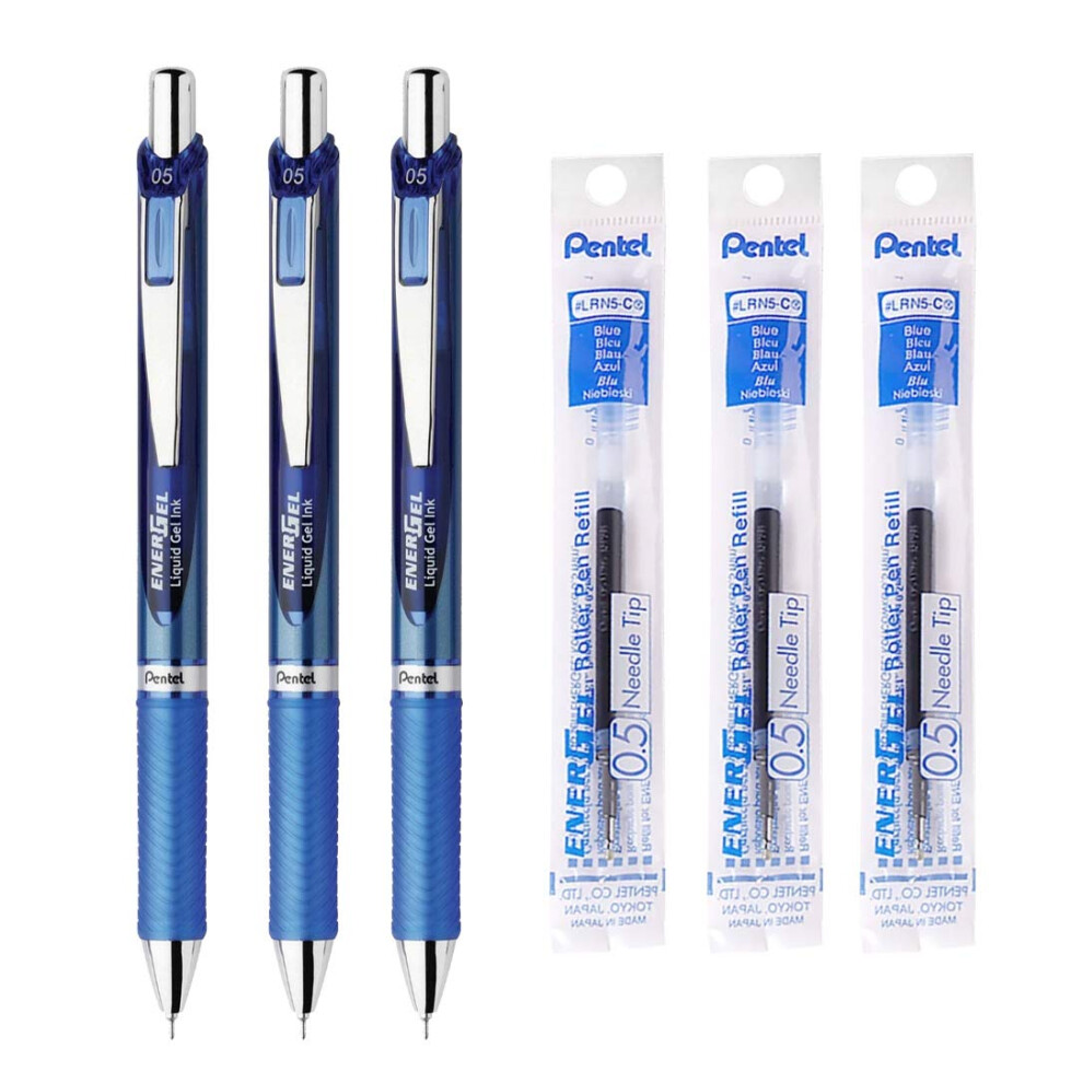 Pentel EnerGel Retractable Liquid Gel Pen  0.5mm  Blue Ink  Blue Body  3 Pens & 3 Ink Refills