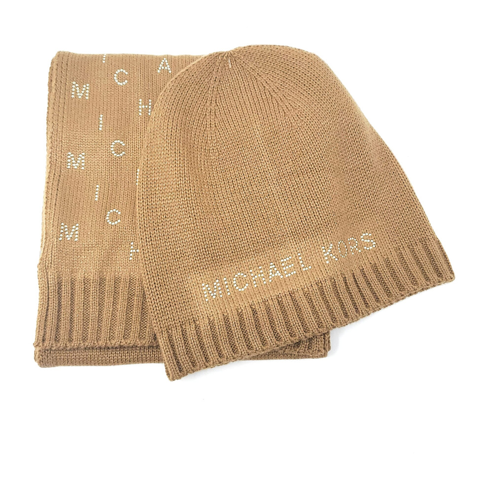 Michael Kors Women's Scarf And Beanie Set  Camel/Gold