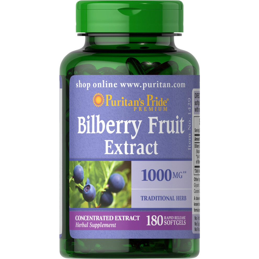 Puritan's Pride Bilberry Extract  Contains Antioxidant Properties*  1000mg Equivalent  180 Rapid Release Softgels (Packaging May Vary)