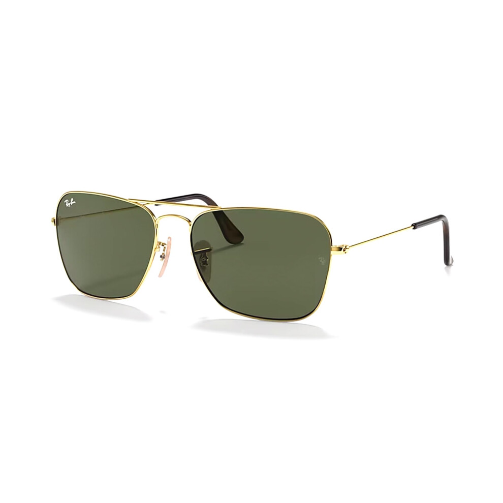 Ray-Ban RB3136 CARAVAN 181 58M Gold/Crystal Lens Dark Green Square Sunglasses For Men For Women + BUNDLE with Designer iWear Eyewear Kit