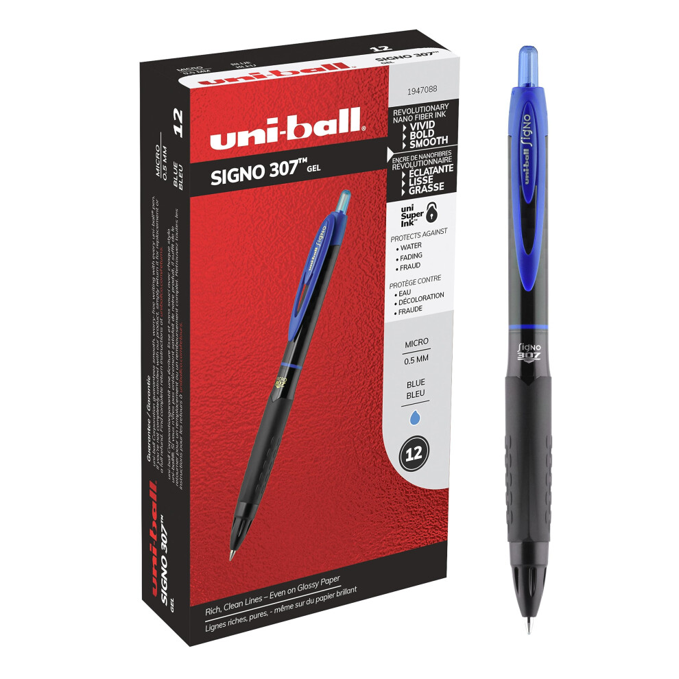 uniball 307 Gel Pen  Retractable  Micro 0.5 Mm  Blue Ink  Black Barrel  Dozen