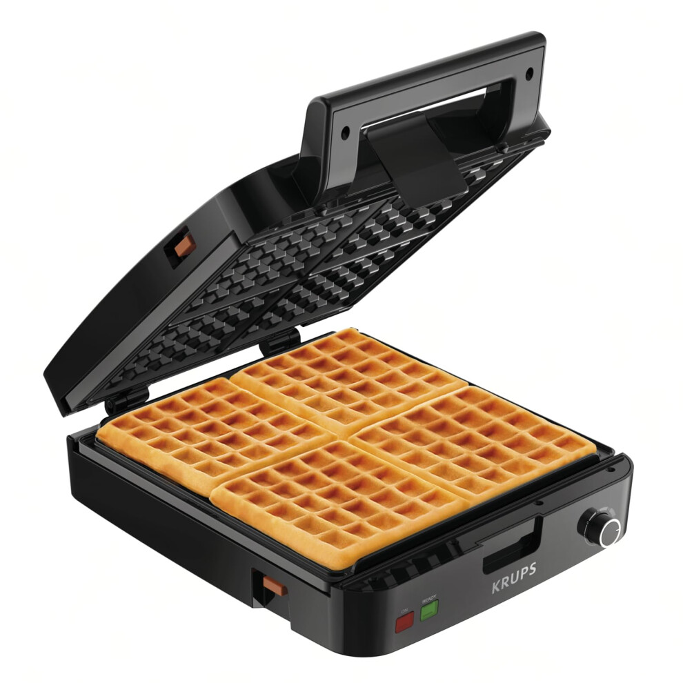 KRUPS: Waffle Maker  Stainless Steel  4 Slices  1200 Watts Square  5 Browning Levels  Removable Plates  Dishwasher Safe  Belgian Waffle Silver and Bla