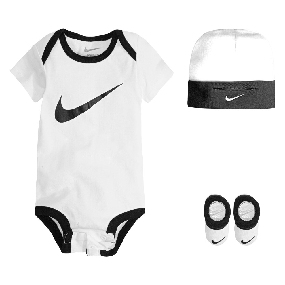 Nike Baby Hat  Bodysuit and Booties 3-Piece Gift Box Set  White Swoosh  0/6M