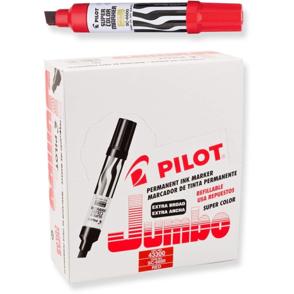 Pilot Super Color Jumbo Refillable Permanent Markers  Red Ink  Extra-Wide Chisel Point  12-Pack (43300)