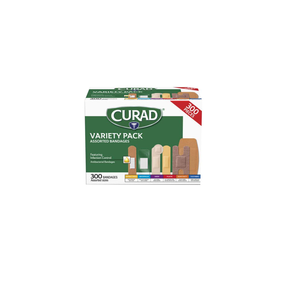 Curad Assorted Bandages Variety Pack 300 Pieces, Including Antibacterial, Heavy Duty, Fabric, And Waterproof Bandages
