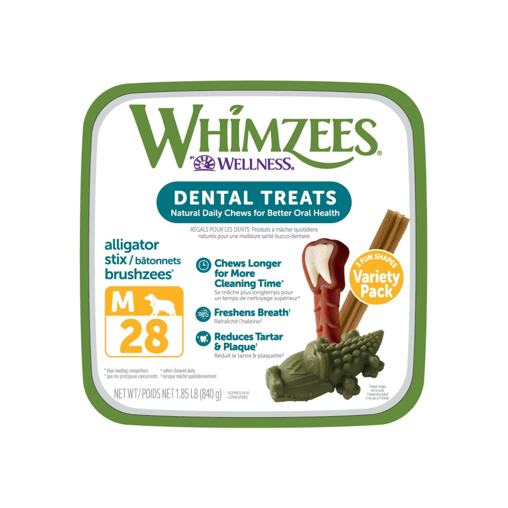 WHIMZEES by Wellness Variety Box: All Natural Dental Chews for Dogs (Medium)  28 Count - Dog Treats  Freshens Breath  Gluten & Grain-Free (Packaging M