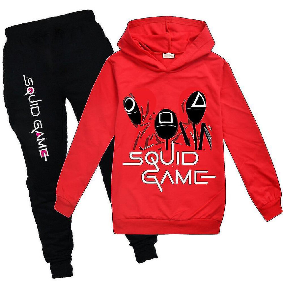 (Red, 9-10 Years) Squid Game Kids Sport Tracksuit Set Hooded Hoodie Trousers Outfit Clothes