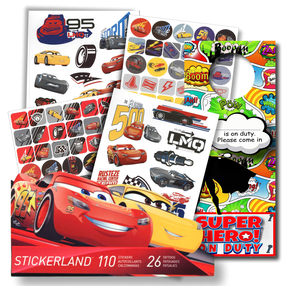 Disney Cars 3 Fun Set Cars 3 Stickers & Disney Cars 3 Tattoos Bundle with Specialty 2-Sided Door Hanger