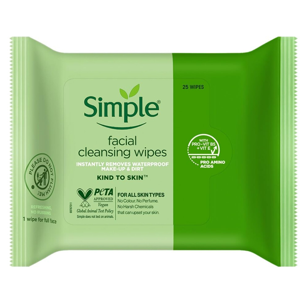 Simple Kind to Skin Cleansing Facial Wipes  25 Count (Pack of 6)