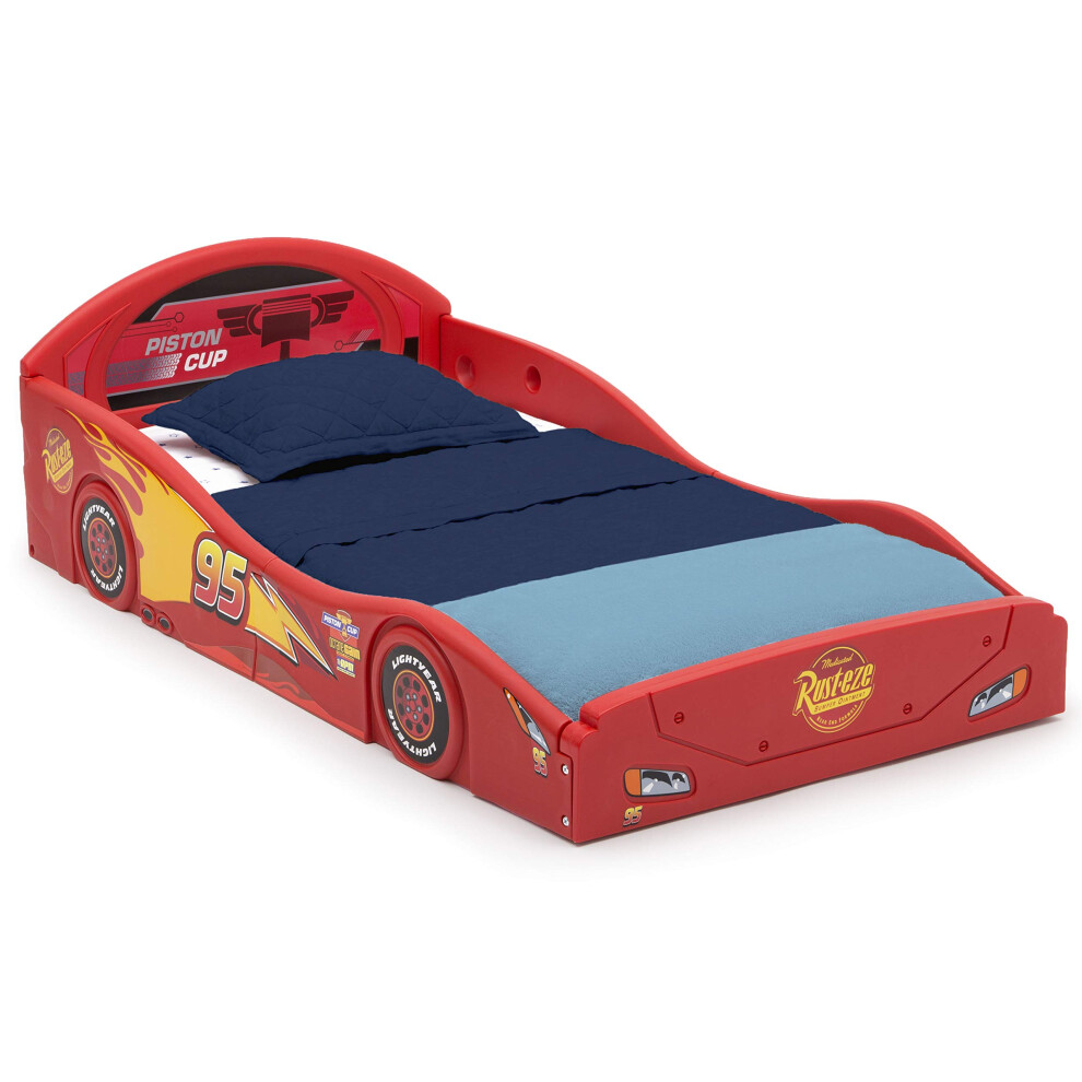 Delta Children Disney Pixar Cars Lightning McQueen Race Car Sleep and Play Toddler Bed with Attached Guardrails