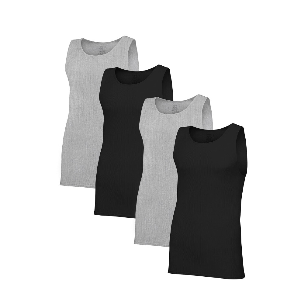 Fruit of the Loom Men's Tag-Free Cotton Undershirts  Regular-Tank-4 Pack Black/Grey  Large