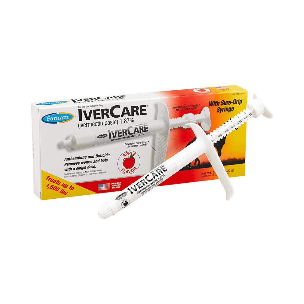 Farnam IverCare (ivermectin paste) 1.87%  Anthelmintic and Boticide  Treats Horses Up to 1500 lbs  Easy-To-Use Sure-Grip Syringe  Red Apple Flavor