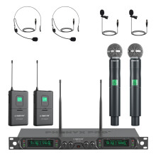 Phenyx Pro Wireless Microphone System 4-Channel UHF Wireless Mic Set with Handheld/Bodypack/Headset/Lapel Mics Fixed Frequency Metal Cordless Microp