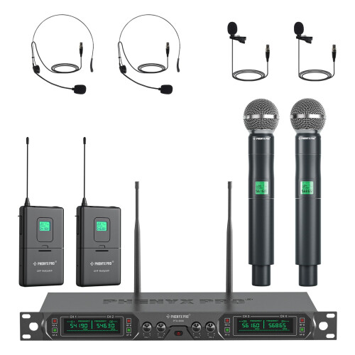 Phenyx Pro Wireless Microphone System  4-Channel UHF Wireless Mic Set with Handheld/Bodypack/Headset/Lapel Mics  Fixed Frequency Metal Cordless Microp