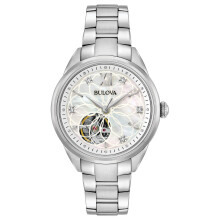 Bulova Ladies' Sutton Stainless Steel 3-Hand Automatic Open Aperture and White Mother-of-Pearl Dial with Diamonds Style: 96P181