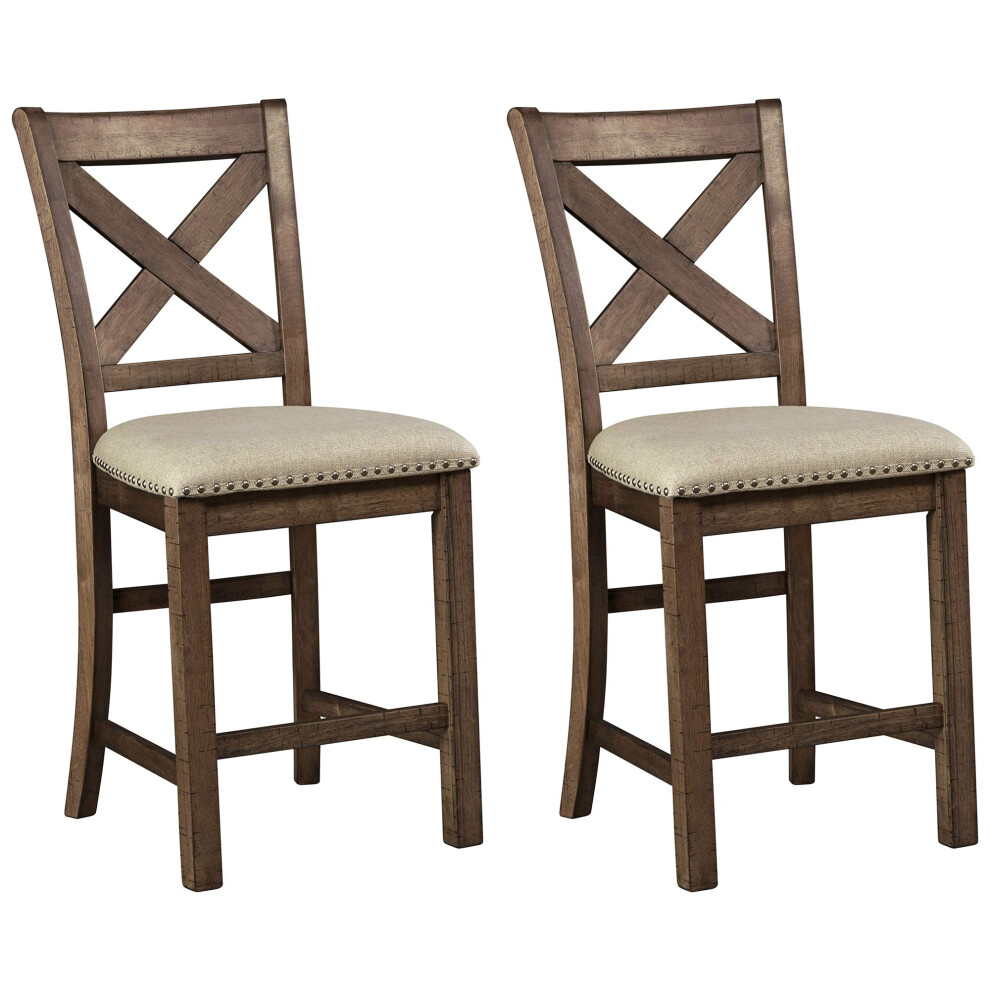 Signature Design by Ashley Moriville Rustic Farmhouse 24.5"" Upholstered Barstool 2 Count Beige & Brown