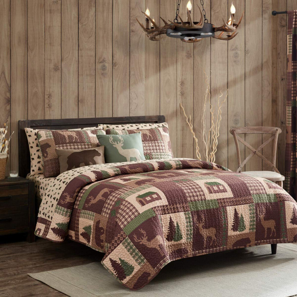 Parure de lit 3 pi   ces avec housse de couette et taie d'oreiller, style chalet confortable, style patchwork rustique, motif cerf, marron, beige e