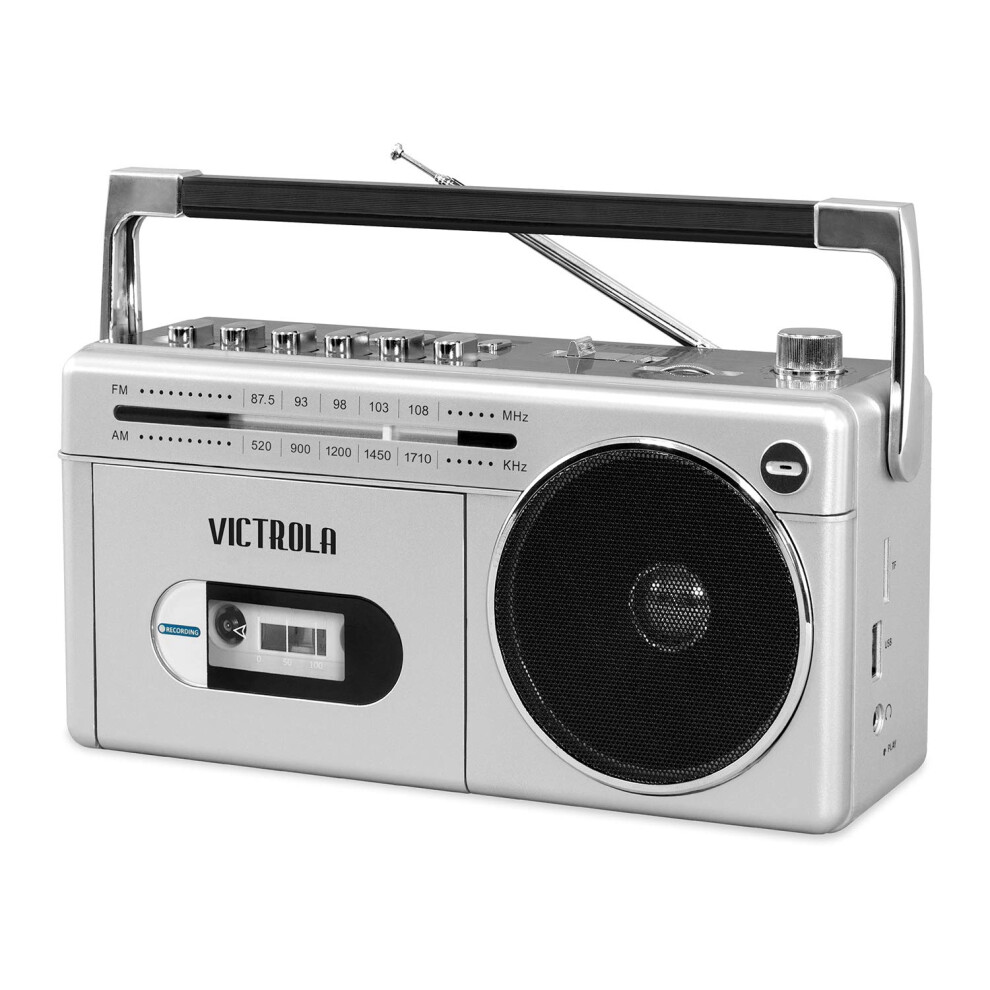 Victrola VBB-25-SLV Mini Bluetooth Boombox with Cassette Player  Recorder and Am/FM Radio  Silver