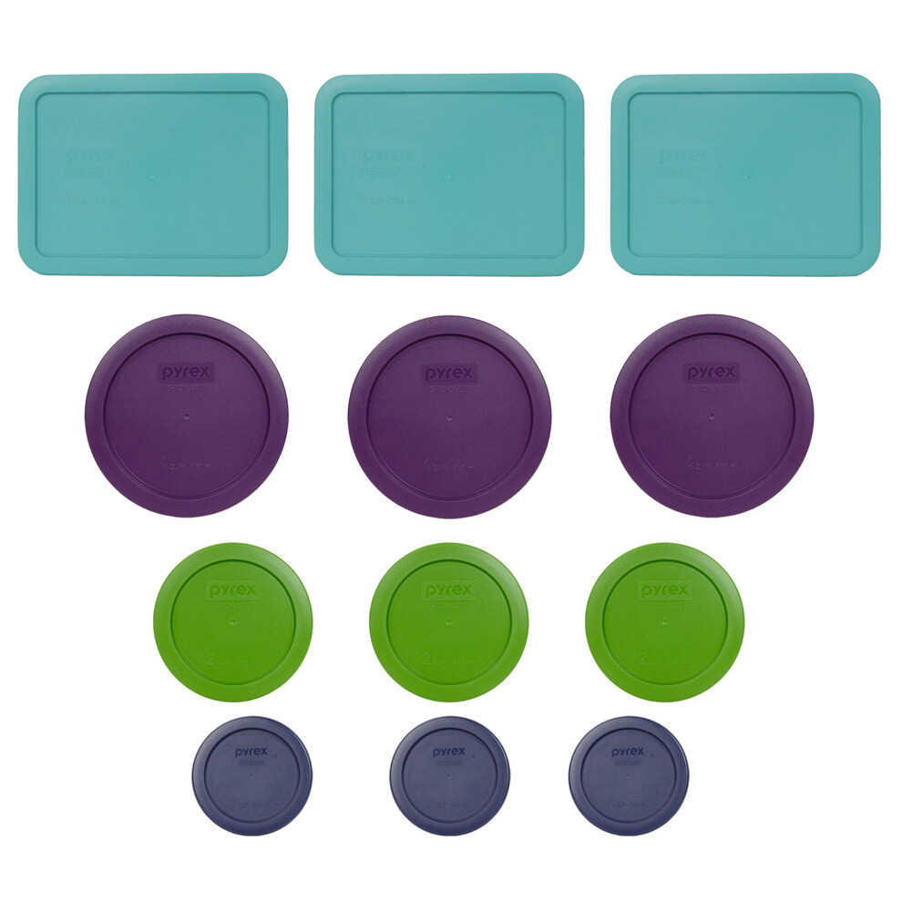 Pyrex Bundle - 12 Items: (3) 7210-PC 3-Cup Turquoise Lids  (3) 7201-PC 4-Cup Purple Lids  (3) 7200-PC 2-Cup Lawn Green Lids  (3) 7202-PC 1-Cup Dark Bl