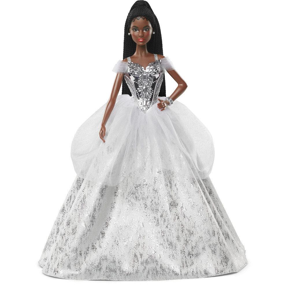 Barbie Signature 2021 Holiday Doll (12-inch  Brunette Braided Hair) in Silver Gown  with Doll Stand and Certificate of Authenticity  Gift for 6 Year O